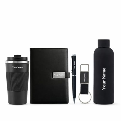 Giftana Personalized Notebook Diary, Flask Bottle, Coffee Tumbler 510ml, Keychain with Pen Gift Set, 5 in 1 Customized Gifting Items for Husband, Father, New Year Corporate Gifts for Employee (Black)