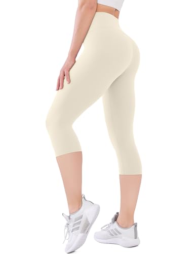 SUNCLOVE Capri Leggings for Women High Waisted Tummy Control Workout Soft Womens Yoga Capris Pants Beige