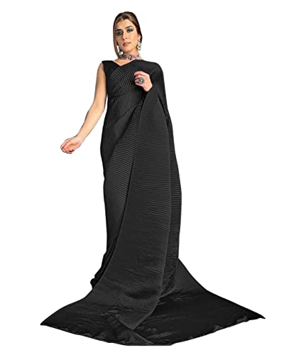 Image of StyleScope Women's Full Crushed Pleated Satin Saree With Unstitched Blouse Piece (Pleatedd)