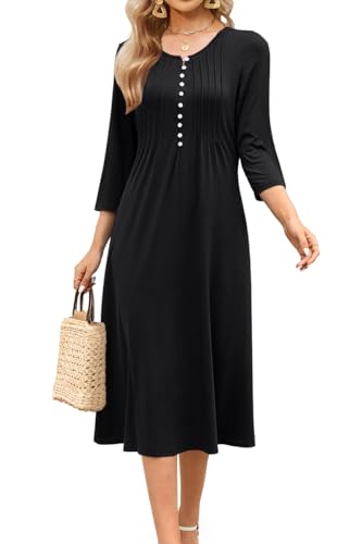 Soesdemo Long Sleeve Dress for Women Casual V Neck Pleated Button Down 3/4 Sleeves Knee Length Midi Dresses with Pockets