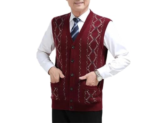 Men's Wool Thick Cardigan Sleeveless Sweater Buttons Argyle Knit with Pockets Vest