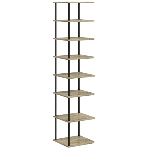 HOMCOM Meuble à chaussures à 8 niveaux meuble de rangement, range-chaussures, cadre en métal, étagères aspect bois, porte-chaussures, 28 x 26 x 125 cm