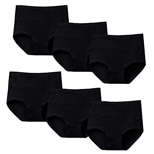 Nightease Culottes Femme en Coton Taille Haute sous-vêtements élastique Contrôle du Ventre Slips (L, 6Noir)