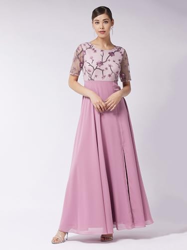Image of Miss Chase Women's Round Neck Sleeve Embellished Fit Flare Maxi Dress