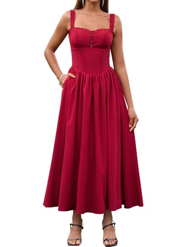Image of KUTUMAI Women Summer Corset Midi Floral Wedding Guest Dresses with Pockets | Lace Neck, Smocked Back, Flowy A Line Sundress for 2026 Engagement Photoshoot Bridal Shower Garden Party