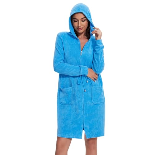 Mnamo Eleganter Damen Bademantel mit Kapuze und Reißverschluss aus Frottee Kurz und Leicht Türkis Gr.L
