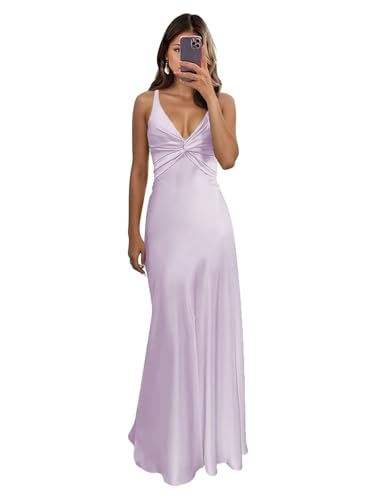 humoral Lilac Prom Dresses 2026 Silk Spaghetti Strap Bridesmaid Dresses Split V-Neck Satin Pleated Maxi Dress 2026 Size4