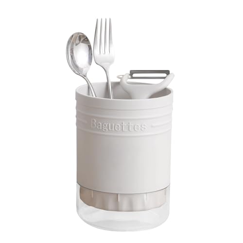 Tissting Porte-ustensiles de Cuisine en Plastique Rond égouttoir à Couverts égouttoir avec Compartiments, évier, Organisateur de Comptoir pour Fourchettes, Cuillères, Baguettes(Blanc)