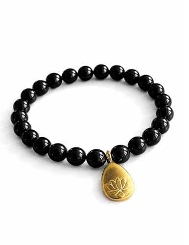 happymaker - Turmalin Armband Damen handgefertigt in Deutschland Edelstein Perlen mit Anhänger Lotus und Mond aus Edelstahl elastische Armbänder in zwei Größen