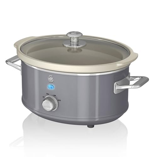 Swan Retro SF17021GRN Olla Cocción Lenta 3,5L Recipiente Extraíble, Antiadherente Cerámica libre PFOA y PTFE, 3 Niveles Temperatura, Tapa Vidrio, Slow Cooker, Diseño Vintage, Gris, 200W
