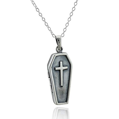 Oxidized Sterling Silver 3-D Coffin Locket Necklace, 18  Cable Chain, Funeral Casket with Cross