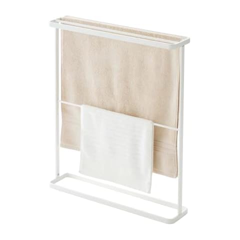 Yamazaki Home Bath Towel Hanger - Bathroom Organizer Storage Holder Dry Rack Steel One Size White Cover