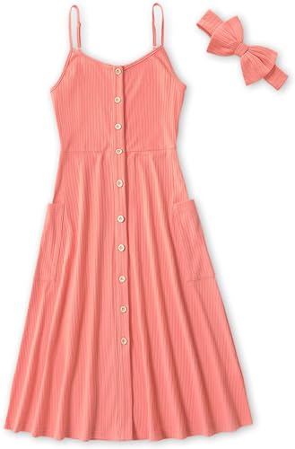 Image of IFFEI Mommy and Me Matching Dress Spaghetti Strap Summer Casual Sundress Beach Sleeveless Dress with Headband