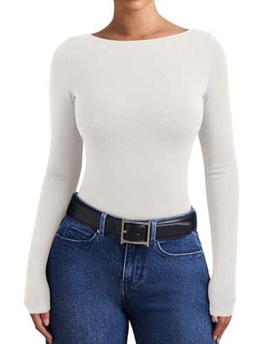 PINKMSTYLE Womens Boatneck Long Sleeve Shirts Casual Work Going Out Tops Fall Outfits for 2026 White Medium — view 3