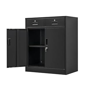 Metal Storage Cabinet, 36″ H Locking Storage Cabinet with Two Drawers and Adjustable Shelf, Metal Cabinets for Office, Garage, Home-Black