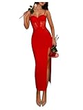SHENHE Women's Lace Spaghetti Strap Slit Maxi Party Dress Red