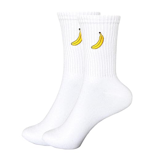 Tindo Bananen Socken Unisex Lustige weiße Baumwollsocken mit gestickter Banane Retro Statement Crew Socken für Damen & Herren Modische Motivsocken