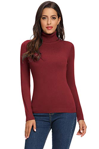 AVACOO Pull à col roulé basique à manches longues pour femme, rouge bordeaux, 42