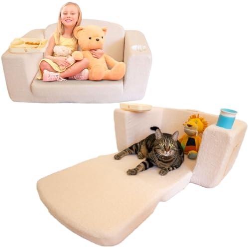 Image of H-Bird Goods Extra Wide Toddler Lounge Chair with Built-in Cup Holders – Convertible 2-in-1 Kids Couch and Fold Out Bed, Baby Sofa, Comfy Toddler Couch Chair, Furniture & Nap Lounger