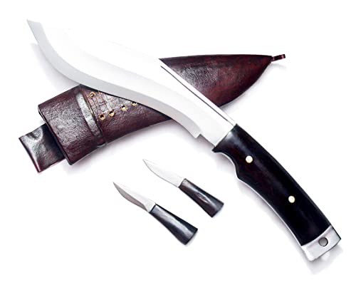 MASUM Faca militar Kukri de 20 cm, lâmina dupla de aço carbono, cabo de jacarandá marrom escuro, bai