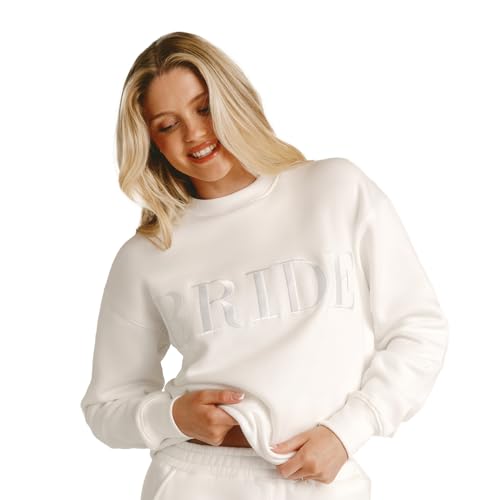 Six Stories Bride Sweatshirt for Cozy Bach Parties | Comfy and Stylish Bridal Shower Gift for the Future Mrs | Soft, Oversized & Embroidered Crewneck Sweater Perfect for Engagement Events | Large