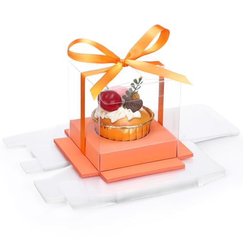 EUSOAR Individual Cupcake Boxes, 12 Pack 3.5 Inch Transparent Dessert Pastry Muffin Cupcake Containers with Inserts and Ribbon, Muffins Gift Holder Mini Cake Carrier for Wedding Party Favor Bakery