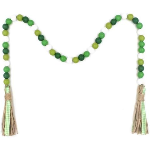 Wood Bead Garland Home Decor Farmhouse Beads for Shelf,Mantle,Coffee/Living Room/Dining Table Centerpiece Decor,Boho Wood Beads with Tassels,Vase,Wall Hanging Prayer Beads (Green Bead) Cover