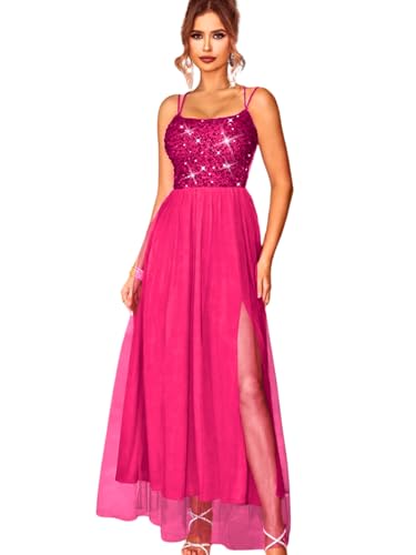 Image of ShawGobow Tulle Prom Dress with Slit,Sequin Backless Long Flowy Dresses for Women,Sexy Sparkly Outfits Homecoming Wedding