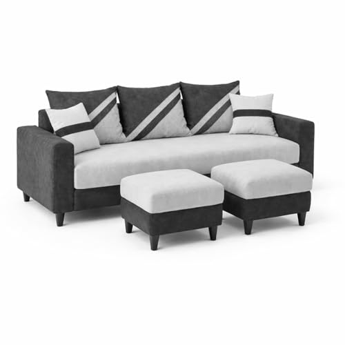 Image of SLEEPIFY Covelle 3 Seater Sofa Set with 2 Ottoman (Dark Gray - Light Gray) | Premium Soft Velvet | Plush Comfort Cushions | Modern Living Room Sofa | Spacious Comfortable Seating