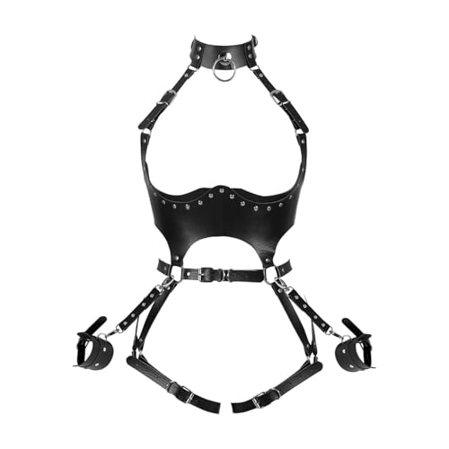 TAUOE Body de Mujer con Cintura de Cuero sintético Estilo Punk, Estilo Bondage Deportivo para Yoga, cinturón Corporal, lencería Sexy, Liga para piernas, Color Negro