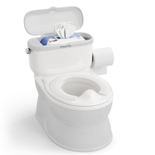 CheerTry 2-in-1 Toddler Potty Training Toilet - with Detachable Training Seat, Realistic Flushing Sound for Boys & Girls Ages 1-3 with Wipes Storage, Toilet Paper Holder