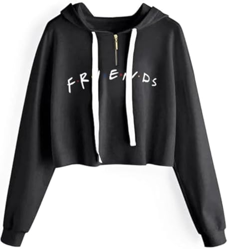 Idepet Women's Casual Letters Print Crop Top Loose Pullover Friends Shirt Teen Girl TV Show Hoodie Sweatshirt, Zip Black, Medium