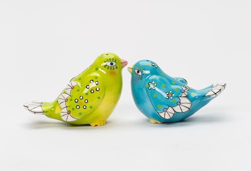 Fine Ceramic Flight of Fancy Hand Painted Blue and Green Love Birds Salt & Pepper Shakers Set, 3-3/8" L -  Cosmos Gifts