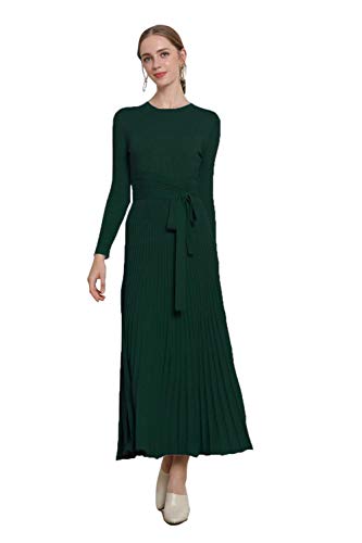 Image of Women's Long Knit Crewneck Sweater Dress Tie Waist A-Line Swing Pleated Bodycon