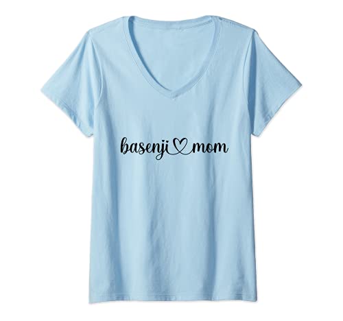 Womens Dog Heart Love Basenji Mom V-Neck T-Shirt, Blue