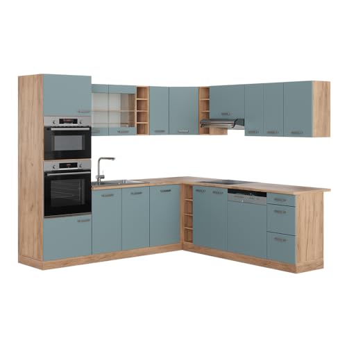 Vicco Cuisine en Angle R-Line, Bleu-Gris/chêne doré, 247x46cm sans PT, pour Une Configuration personnalisée et Une Extension avec des modules...