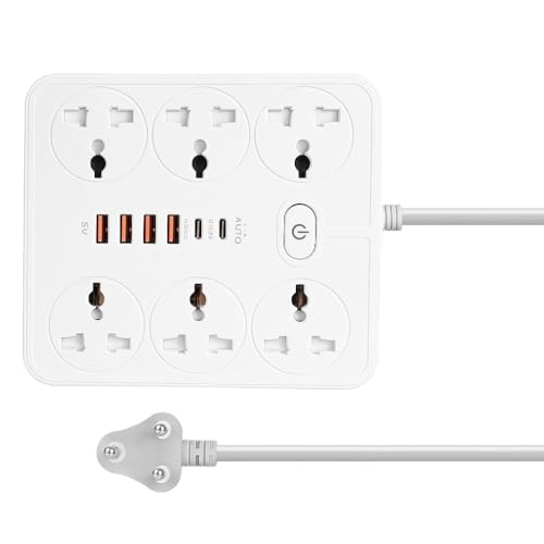 Image of Extension Board, Power Strip with 6 USB Ports and 3 Universal Socket, 2500W 10A Extension Cord, 3-Pin Surge Protector Power Strip for Home, Office, Computer, Mobile Charging (White-Z67)
