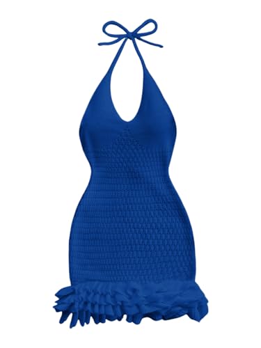 Image of GORGLITTER Women's Vacation Outfit Crochet Halter Knit Bubble Mini Dress Sexy Beach Cruise Summer Miami Resort Outfits