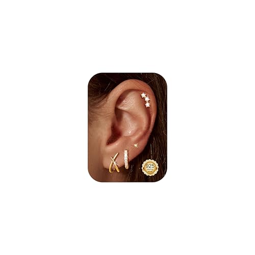 LOLIAS 4 pares brincos ouro para mulher brincos prata lei 925 brincos ouro 14 quilates moda brinco parafuso hipoalergénico diamante CZ minimalista simples para vários piercings, Prata esterlina