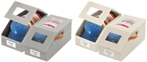 4 Pcs Extra Large Hat Organizer & Storage Box for Baseball Cap with Dual Clear Windows Dust-Proof Double Zipper, Stackable Design & Sturdy Handles for Closet, Grey & Beige