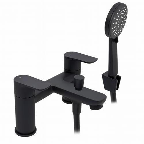Elion - Grifo mezclador para bañera y ducha, color negro - Moderna doble palanca con auricular, manguera y soporte de pared, acabado negro mate