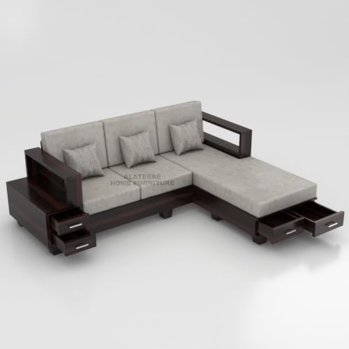 Image of Sheesham Wooden 4 Seater L- Shape Sofa for Living Room | Solid Wood Sofa with Side Box Storage & Cushion | Rosewood Sofa Set for Home & Office | Lounge (Walnut, 4 Seater)