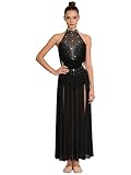 CHICTRY Contemporary Dance Outfit Kleid Damen Modern Dance Kostüm Strass Glitzer Ballettkleid Ärmellos Lyrisches Tanzkleid Lang Trikotkleid Eiskunstlaufkleid Schwarz S
