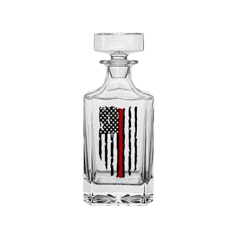 Rogue River Tactical Thin Red Line Tattered Worn American Flag USA Whiskey Decanter With Airtight Glass Stopper Custom Gift For Firefighter Fire Department FD Cover