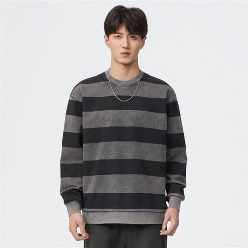 Sweat rétro homme américain épais rayé col rond ample automne - 2