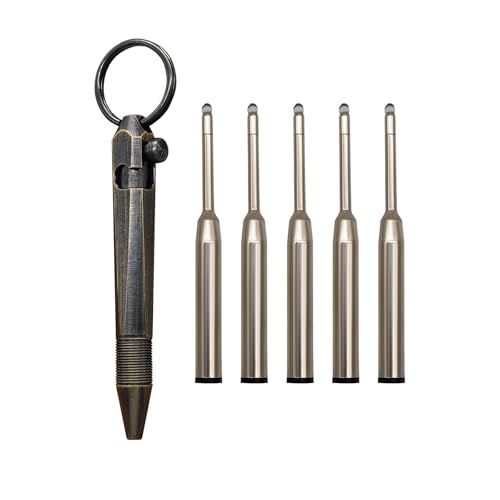 Mini Brass Bolt Action Keychain Pen 6 - Piece Set - 1 Pen + 5 Refills, Compact 76mm EDC Pocket Writing Tool, Lightweight for Daily Carry