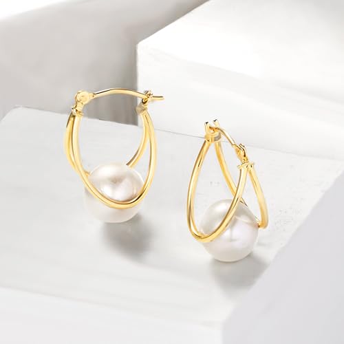 Ross-Simons 8-9mm Cultured Pearl Double-Hoop Earrings in 14kt Yellow Gold. 3/43