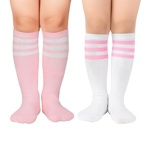 Image of Zando Toddler Soccer Socks Boys Girls Knee High Striped Tube Socks Kids School Uniform Dress Socks Athletic Long Socks, B White Pink & White, 3-6 Years