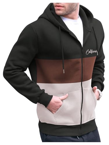 SweatyRocks Men's Winter Fleece Zip Up Hoodie Thermal Long Sleeve Hooded Color Block Sweatshirts with Pocket