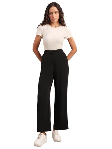Image of VERO Moda Women's Relaxed 'Desk-to-Dinner' Straight Fit High Rise Stretch Formal Trousers | Formal Pants for Women